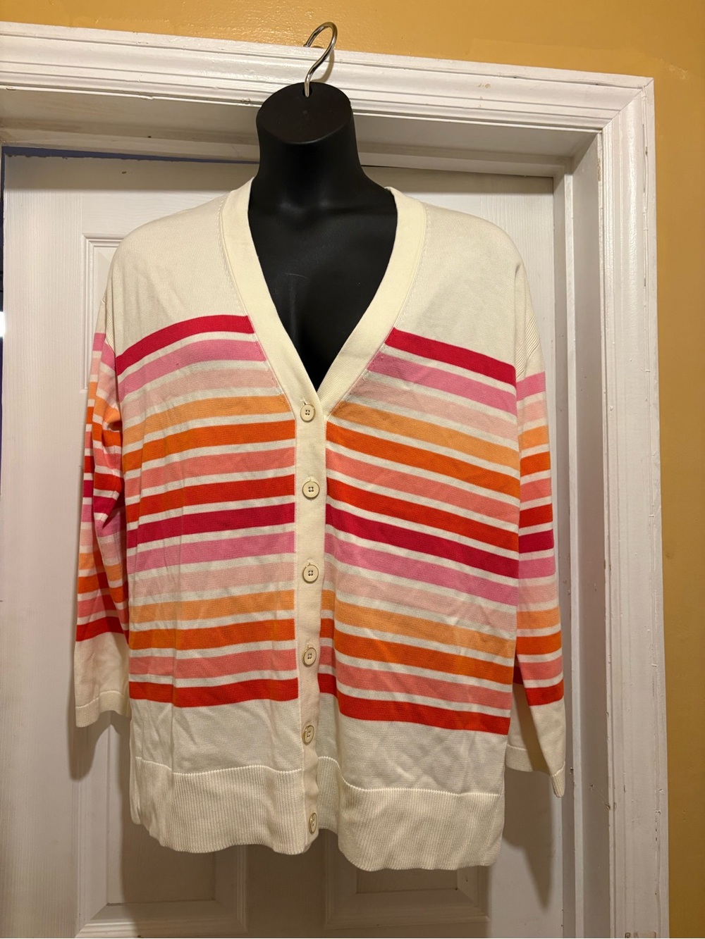 Talbots Cream Cardigan with Pink, Red & Orange Stripes